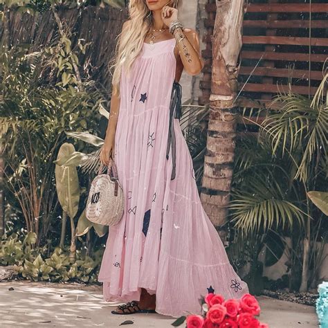 Bohemian Summer Beach Maxi Dress Women 2019 Print Star Loose Dress Ladies Sleeveless Sweet