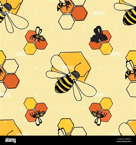 Bees On Honeycomb Seamless Pattern Vector On Yellow Background Surface