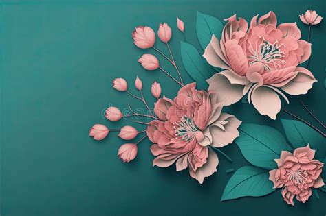 Pink Flowers On Teal Background With Room For Copy Stock Illustration
