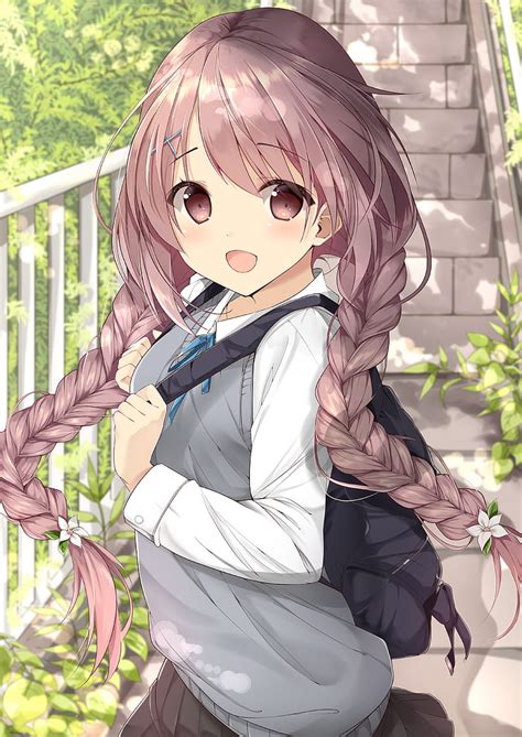 Anime Girl Moe Brown Hair Cute School Uniform Long Hair Corazones