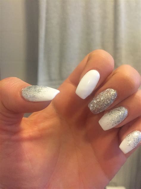 3616 White And Silver Coffin Shape Nails Prom Nails Silver White