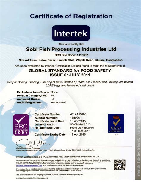 Global Standard For Food Safety Certificate From Brc And Ukas Sobi Fish