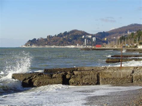 Splash Of Waves On The Pier Black Sea Coast Sochi Stock Image Image
