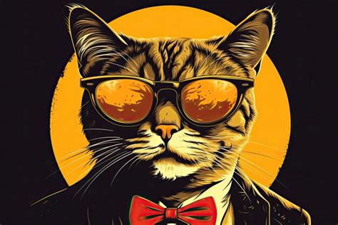 premium ai image retro ginger tom cat wearing glasses and a bow tie against the moon retro
