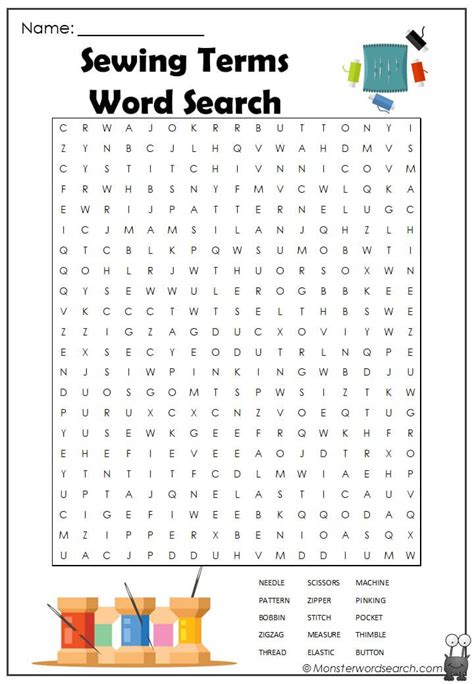 Sewing Terms Word Search 1 Monster Word Search