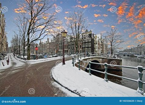 Snowy Amsterdam In Winter In The Netherlands Stock Image Image Of