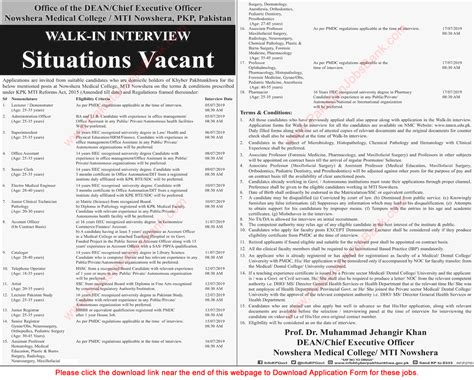 Nowshera Medical College Jobs June Mti Application Form Walk In
