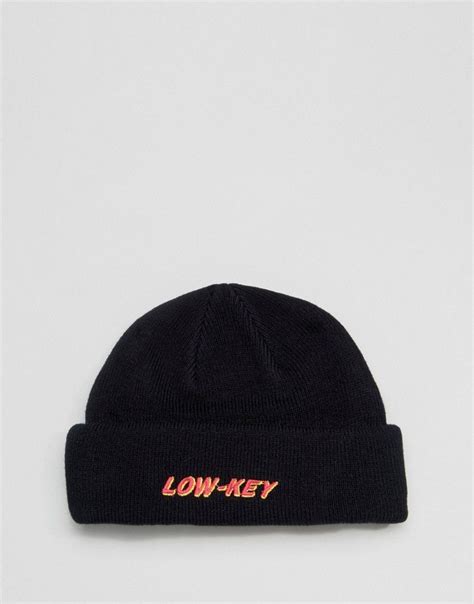 Asos Mini Fisherman Beanie In Black With Low Key Embroidery Black