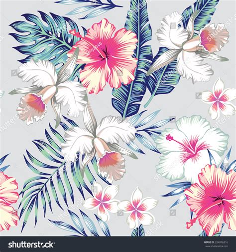 Download this floral seamless pattern vector illustration now. Tropic Exotic Hibiscus Flowers, Orchid, Plumeria. In ...