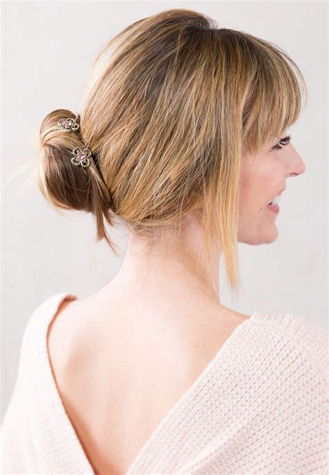 Casual And Classy Easy Low Messy Bun Hairstyle With Simple Pink Flower