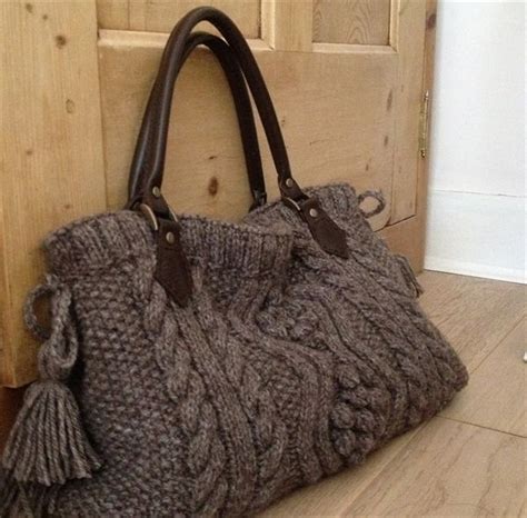 Papertoclothstore Aran Hand Knitted Handbag With Real Leather Handles