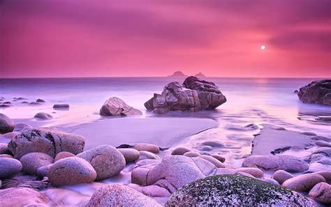 Coastal Pink Sunset Sea Pink Colors Paradise Rocks Sea Shore