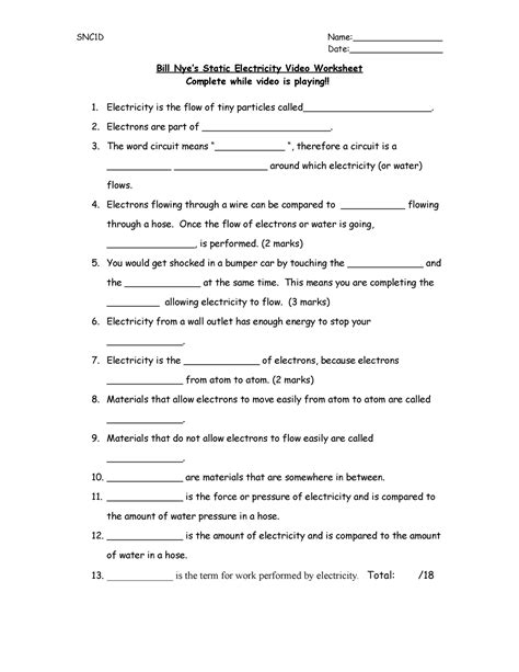 Bill Nye Static Electricity Worksheet Snc1d Name Date Bill Nyes