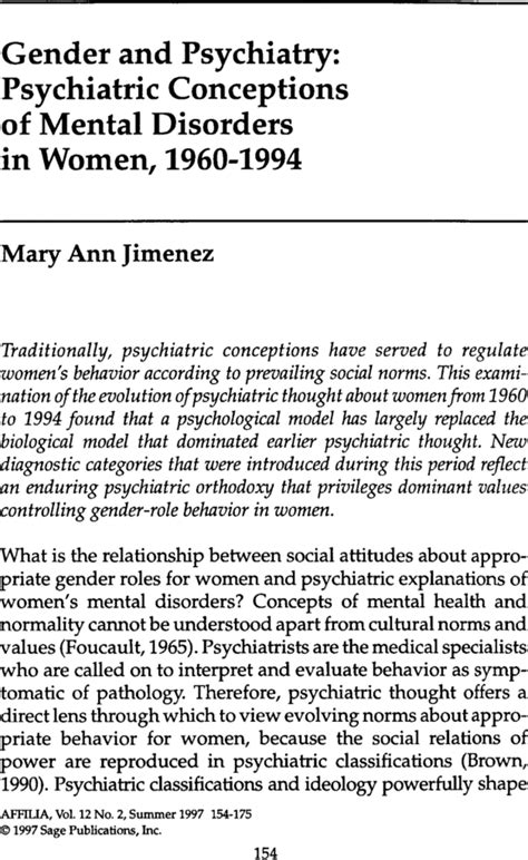 Gender And Psychiatry Psychiatric Conceptions Of Mental Disorders In Women 1960 1994 Mary