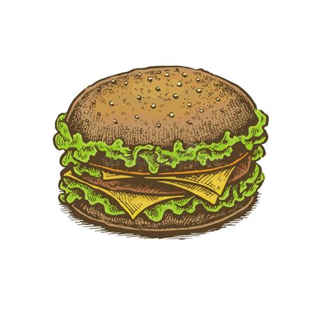Colorful Vintage Style Hand Drawn Cheeseburger Stock Vector