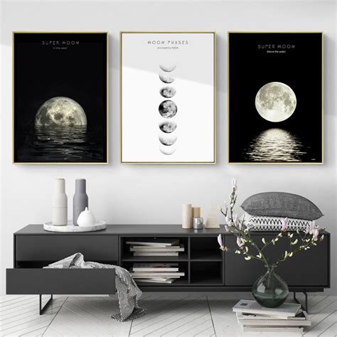Minimalist Moon Phases Canvas Painting Nordic Poster Graphic Black
