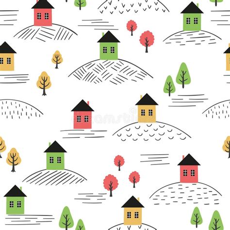 Hand Drawn Seamless Pattern With Colorful Houses And Trees Stock Vector
