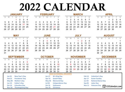 Word Printable Calendar 2022