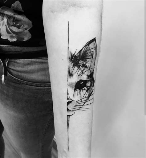 Geometric Sketch Pencil Style Cat Half Face Black Forearm Tattoo