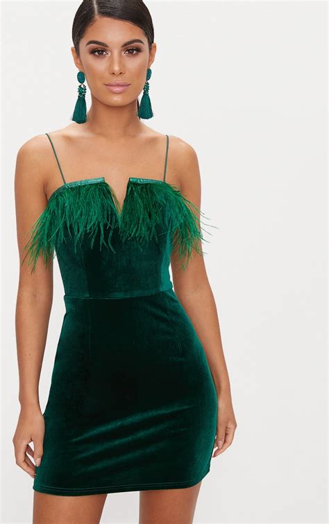 Emerald Green Velvet V Plunge Feather Trim Bodycon Dress