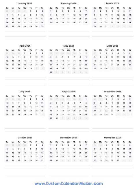 2026 Portrait Calendar 12 Month Vertical Calendar