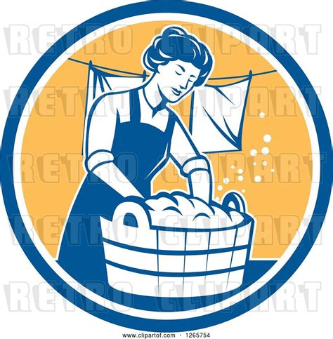 Vector Clip Art Of Retro Housewife Lady Doing Laundry In A Blue White