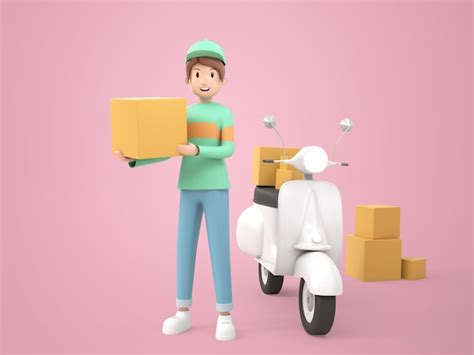 Premium Psd 3d Illustration Delivery Man With Boxes And Motorcycle