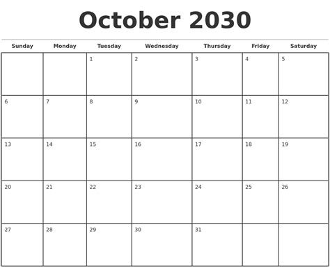October 2030 Monthly Calendar Template