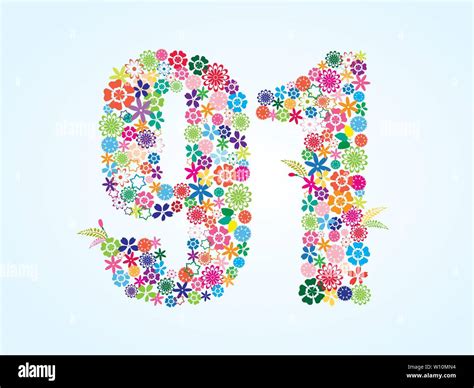 Vector Colorful Floral 91 Number Design Isolated On White Background