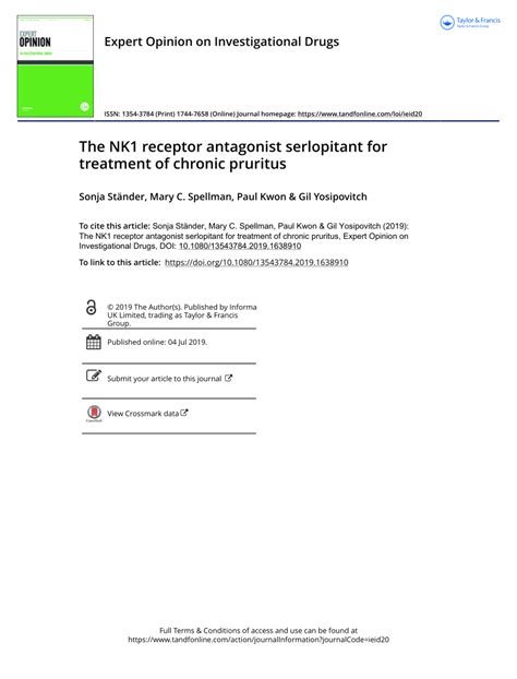 Pdf The Nk1 Receptor Antagonist Serlopitant For Treatment Of Chronic