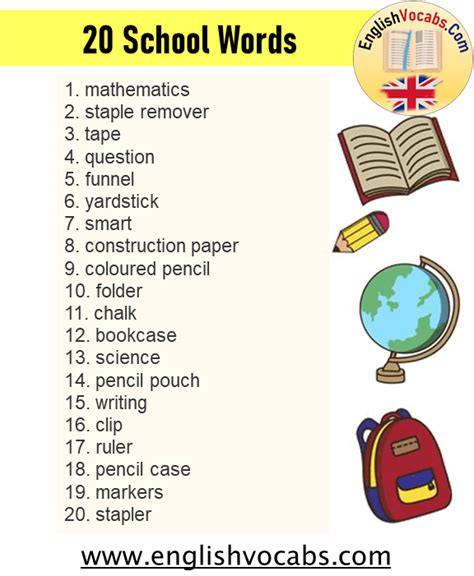 20 School Vocabulary 20 School Words List English Vocabs