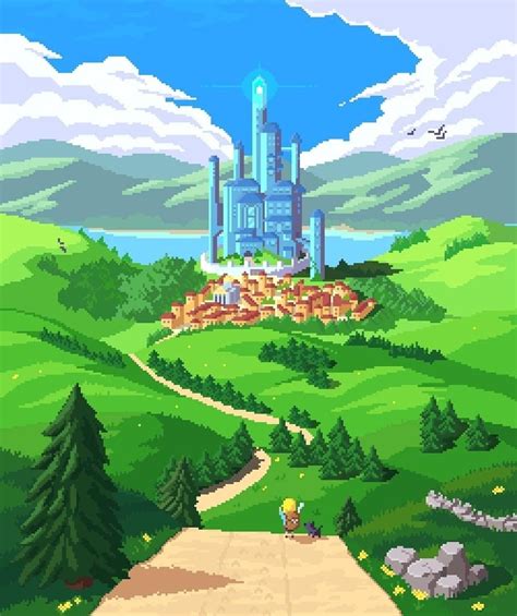 Pixel Art Blue Castle City Kingdom Scenery 8 Bit Pixelart