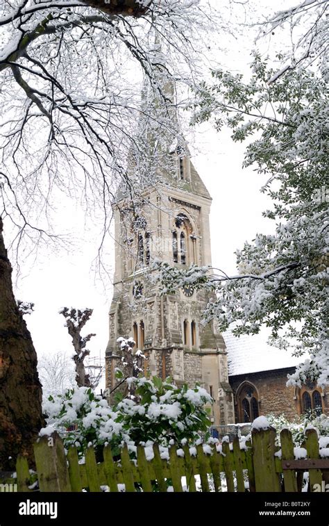 Snow Covered Church Stock Photo Alamy