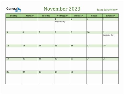 November 2023 Calendar With Saint Barthelemy Holidays