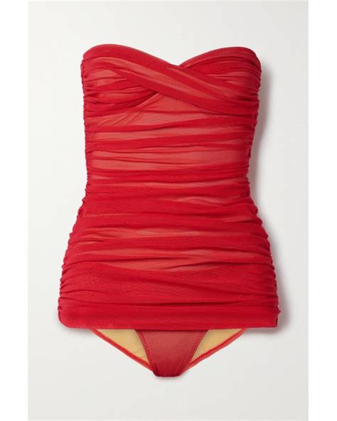 Norma Kamali Walter Mio Strapless Ruched Stretch Tulle Swimsuit In Red Lyst