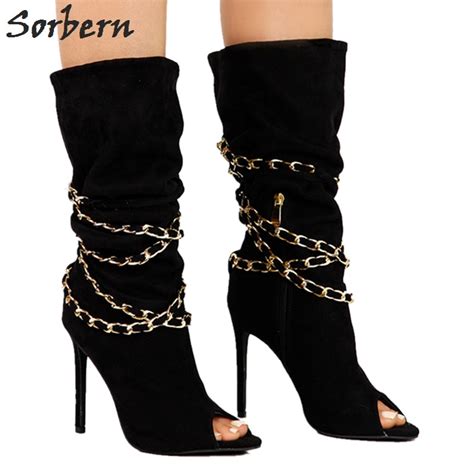 Sorbern Fashion Mid Calf Boots Women Open Toe Gold Chains High Heel