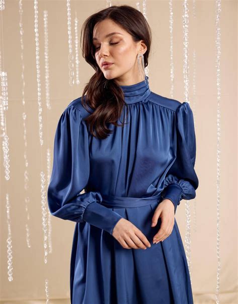 Büzgülü Saten Abiye Elbise Gece Mavisi Brightness Collection Elbise EMNORA