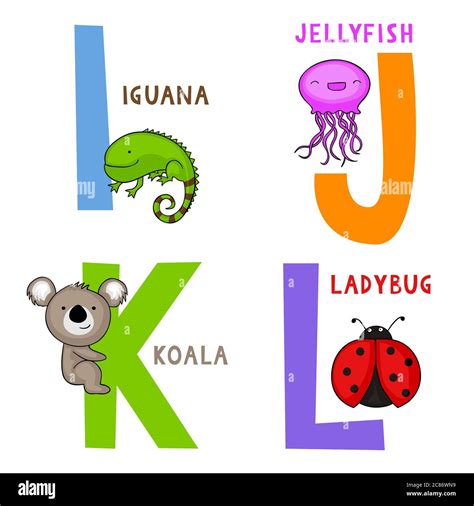 Alfabeto De Animales En Inglés I J K Y L Cartas Con La Caricatura De