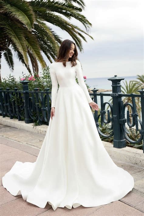 Boat Neck Long Sleeved Ivory Satin Wedding Gown Simple Loveangeldress