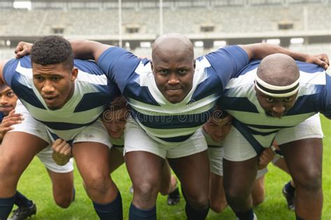 Group Of Diverse Male Rugby Player Ready To Play Rugby Match In Stadium Stock Image Image Of