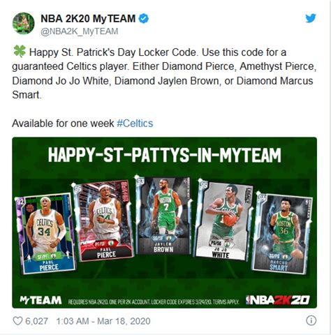 The first nba 2k20 locker codes are revealed, allowing players of the new basketball sim to redeem them to get a range of free rewards. St. Patrick's Day Cards and Locker Code in NBA 2K20 MyTeam