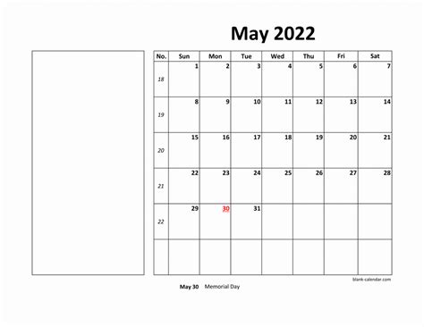 Free Download Printable May 2022 Calendar Large Box Holidays Listed