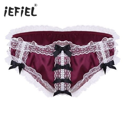 Iefiel Mens Lingerie Panties Gay Male Underpants Shiny Ruffled Floral Lace Satin Jockstraps