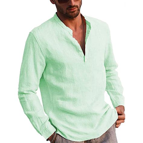 mens henley cotton linen shirts soft casual long sleeve v neck solid button tops ebay