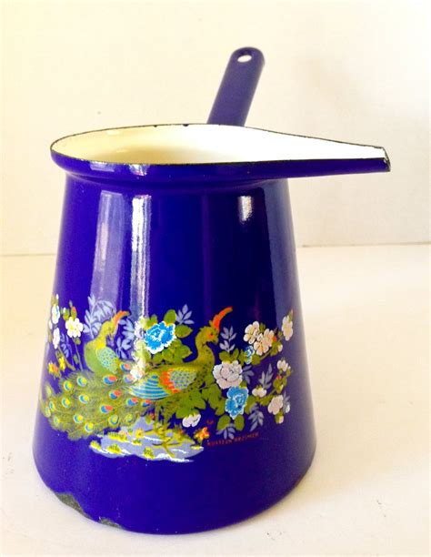 Vintage Blue Peacock Enamelware Turkish Coffee Pot Enamelware