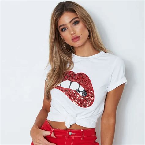 Liva Girl Sequins Red Lip White T Shirt Women Casual Short Sleeve O Neck Cotton T Shirts Women