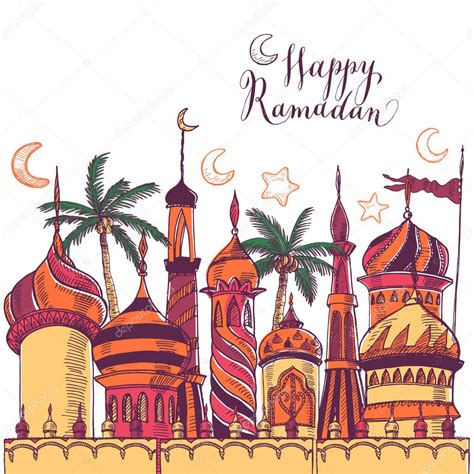 Ramadan greeting illustration with silhouette of mosque. Multicolor ...