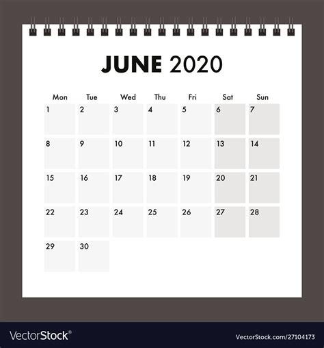 June 2020 Calendar With Wire Band Royalty Free Vector Image