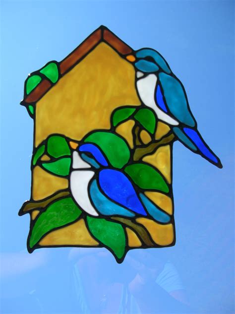 Spring Birds Outside Birdhouse Stained Glass Window Cling Etsy