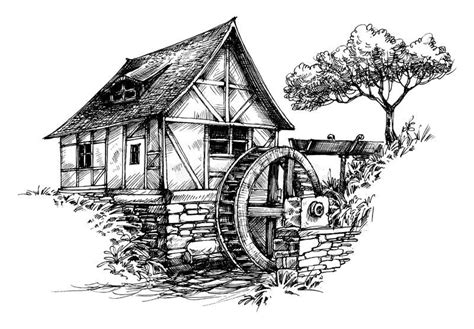 Old Water Mill Sketch Artistic Black And White Drawing Of An Old